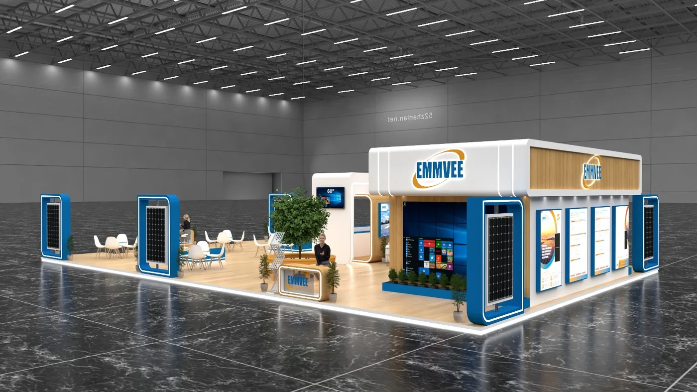 3D exhibition stand concept with branded reception wall, video wall, meeting tables and open visitor space