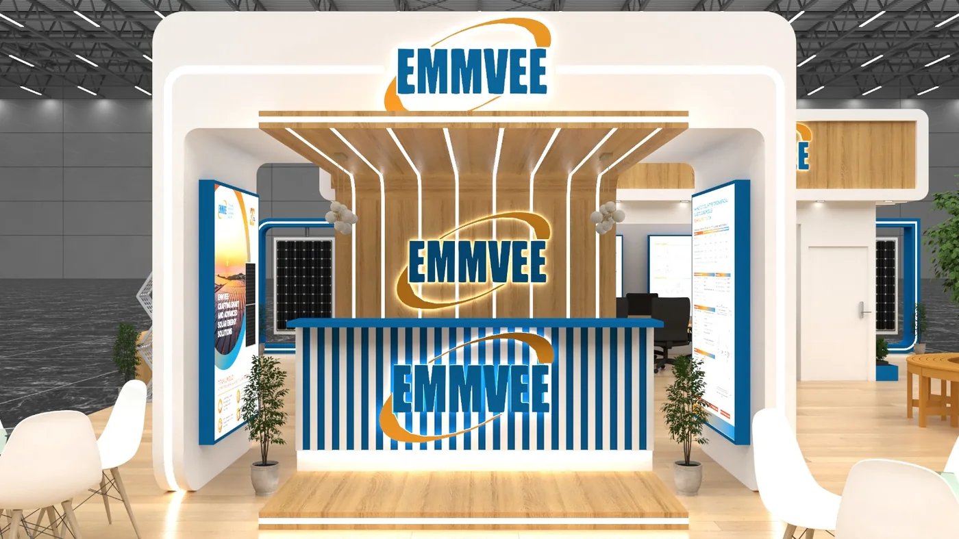 Solar and energy brand exhibition stand with striped reception counter and wooden feature ceiling