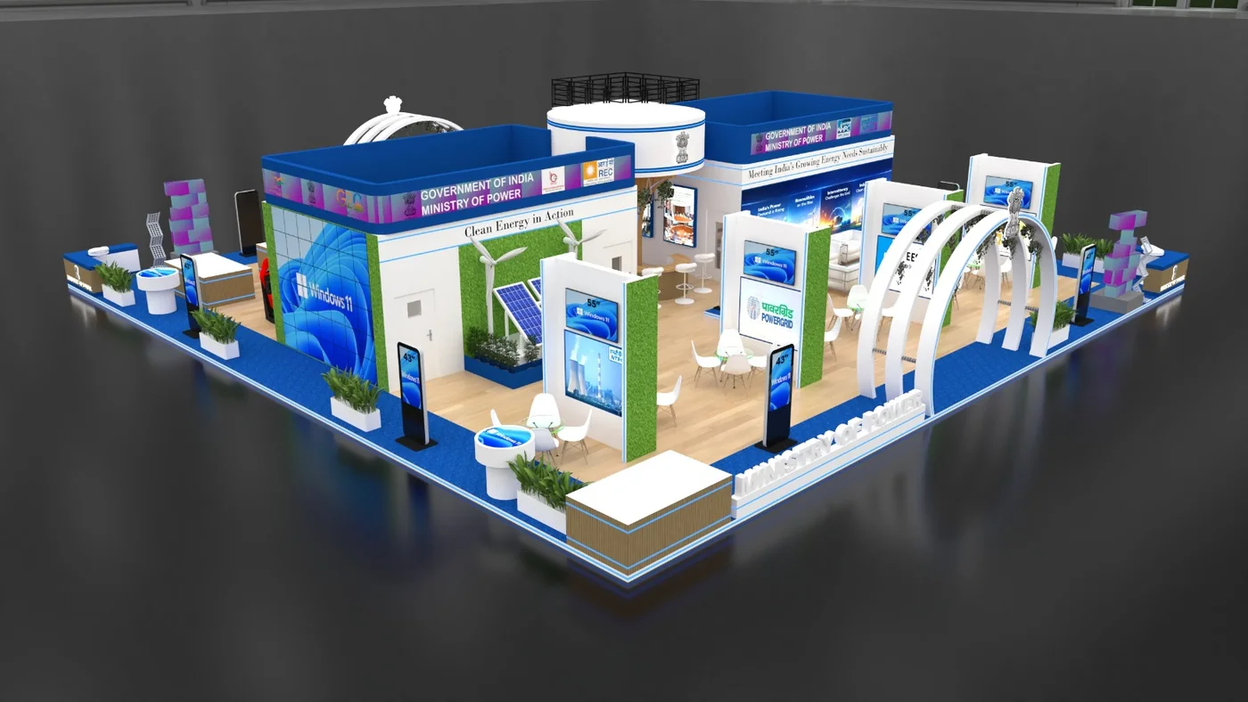 Large island exhibition stand 3D concept with blue carpet, feature arches, video walls and meeting tables