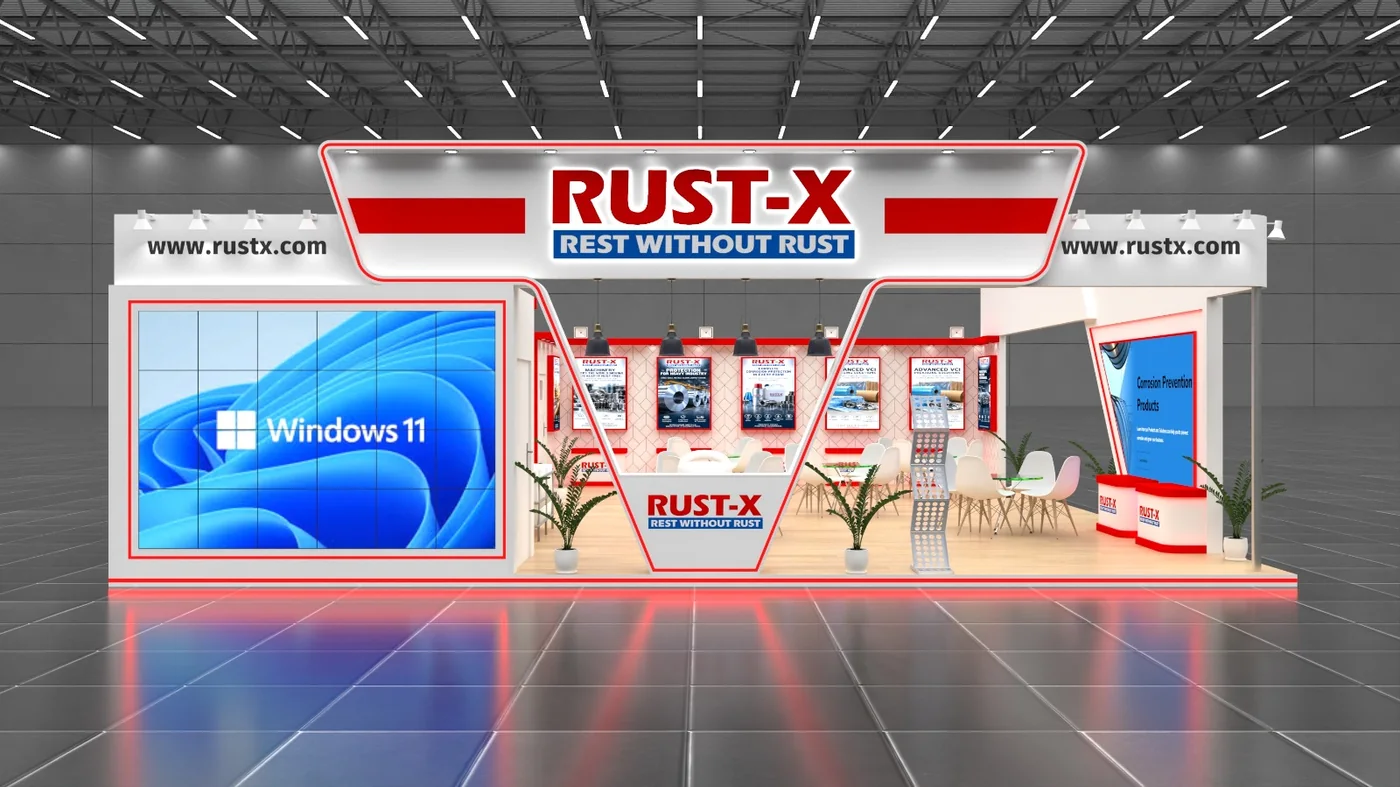 Industrial products exhibition stand with red and white branding, video wall and product posters