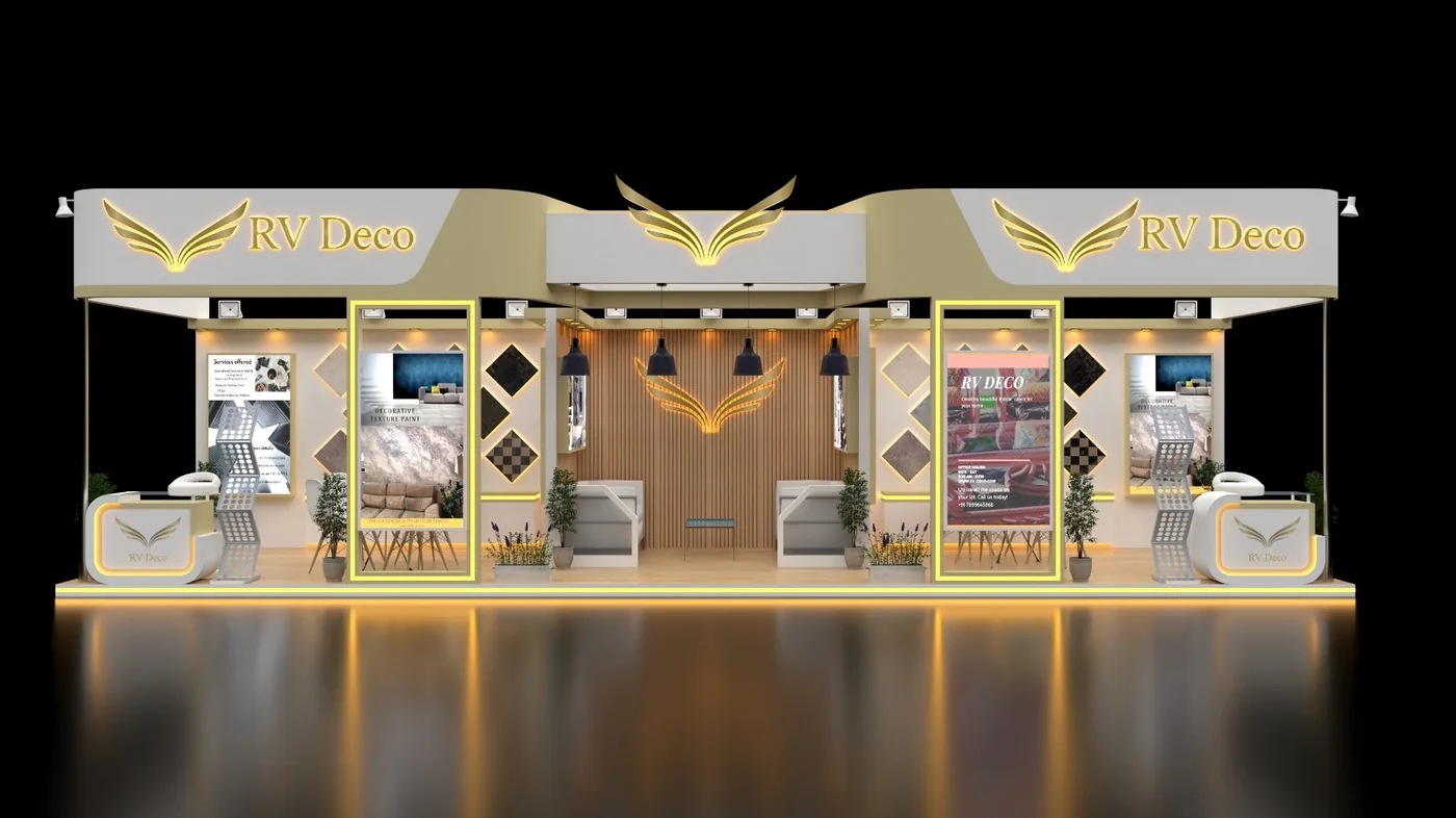 Premium exhibition stand design with gold branding, wooden slat feature wall and lounge seating